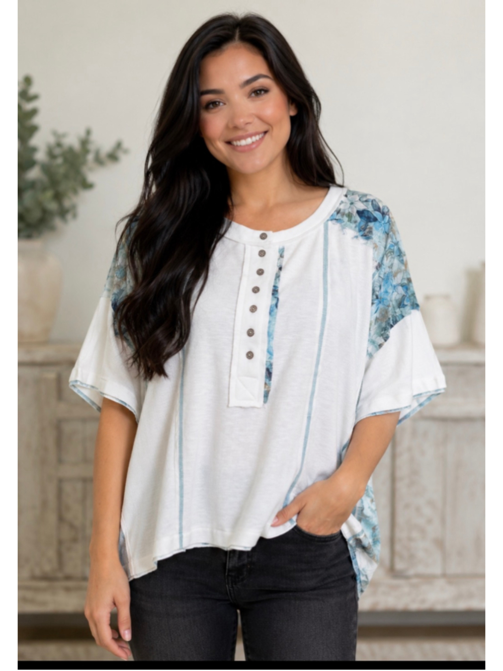 Women's POL Short Sleeve White Blue Floral Summer Top M - Picture 1 of 4